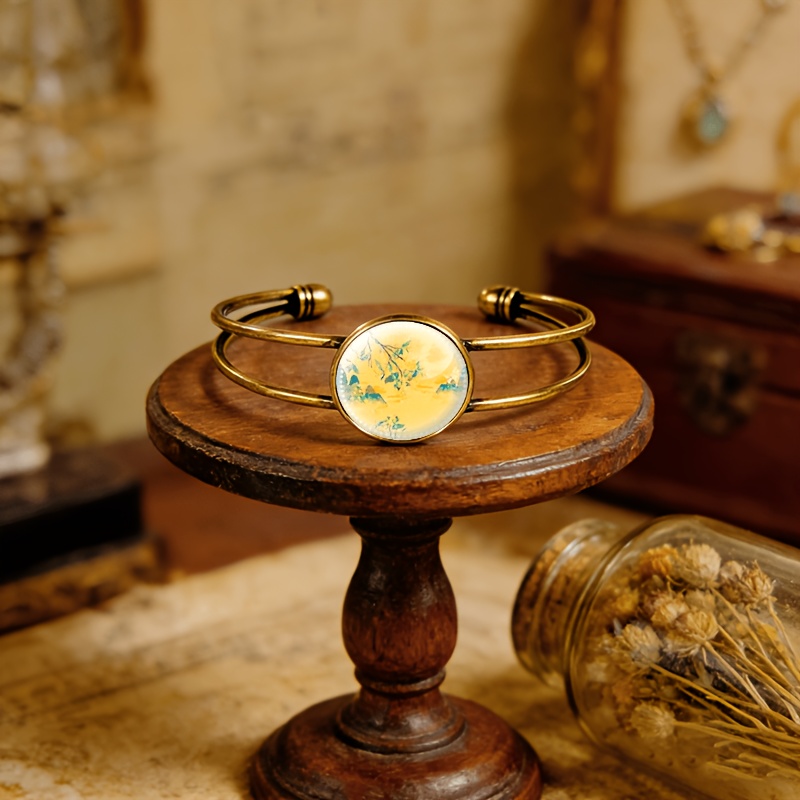 Antique Cyan Double-Layer Adjustable Opening Bracelet with Starry Landscape Design